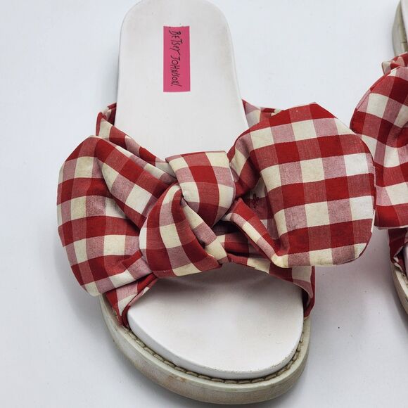 Betsey Johnson Picnic Red Gingham Bow Slide Sandals - Picture 10 of 11